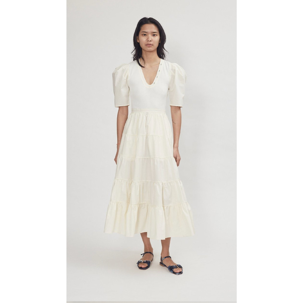 Ulla Johnson S Cotton Poplin Puff Sleeve Rory Dress Tiered Midi Ivory White $425 - Picture 6 of 11